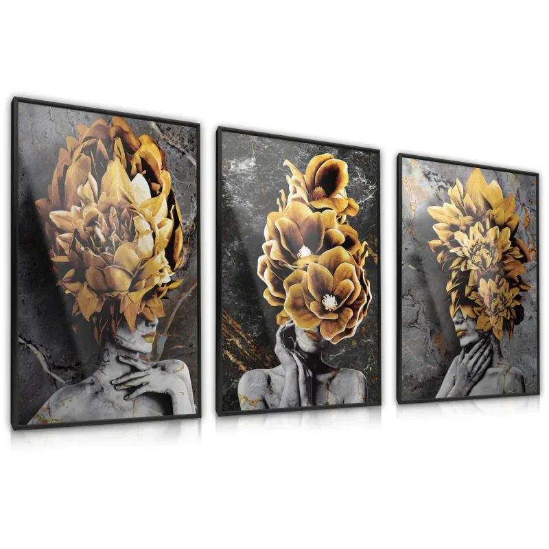 ZESTAW 3X PLAKAT W RAMIE DO SALONU ABSTRAKCJA PORTRETY KWIATY MARMUR 30x40cm - Szybka dostawa