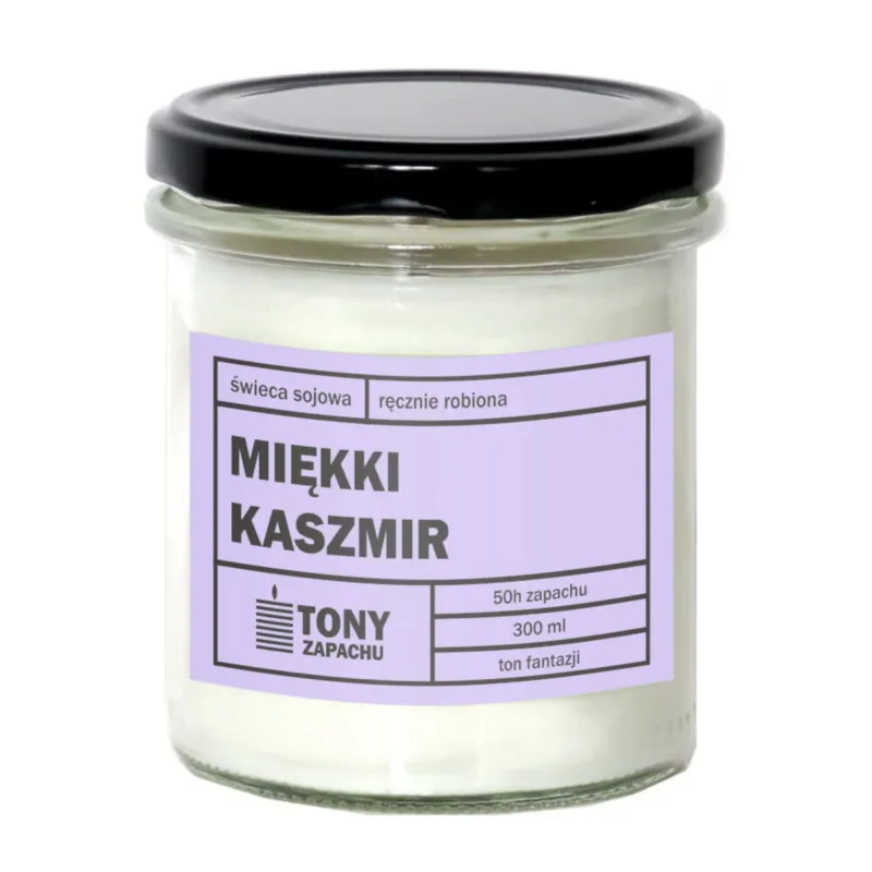 Wysoka jakość Świeca sojowa naturalna zapachowa MIĘKKI KASZMIR- najlepsza aromatyczna bezpieczna ręcznie robiona w szklanym słoiczku 300ml 50h palenia na prezent upominek -