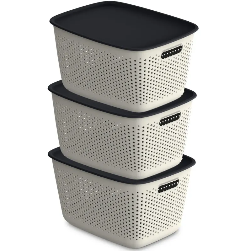 3X Pojemnik Plastikowy Ażurowy Pudełko Z Pokrywą Pojemniki Box 17L Beżowy - Obniżka ceny