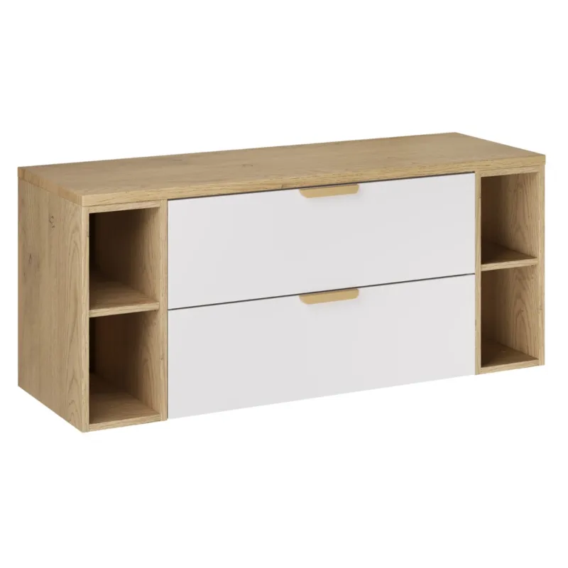 ASTER 120 cm biała wisząca szafka pod umywalkę z dwiema nadstawkami i dębowym blatem - Oferta