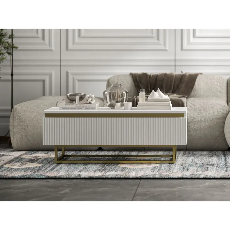 Stolik kawowy Glamour prostokątny elegancka ława Biały Mat Stelaż w złotym kolorze 109 cm - Super okazja