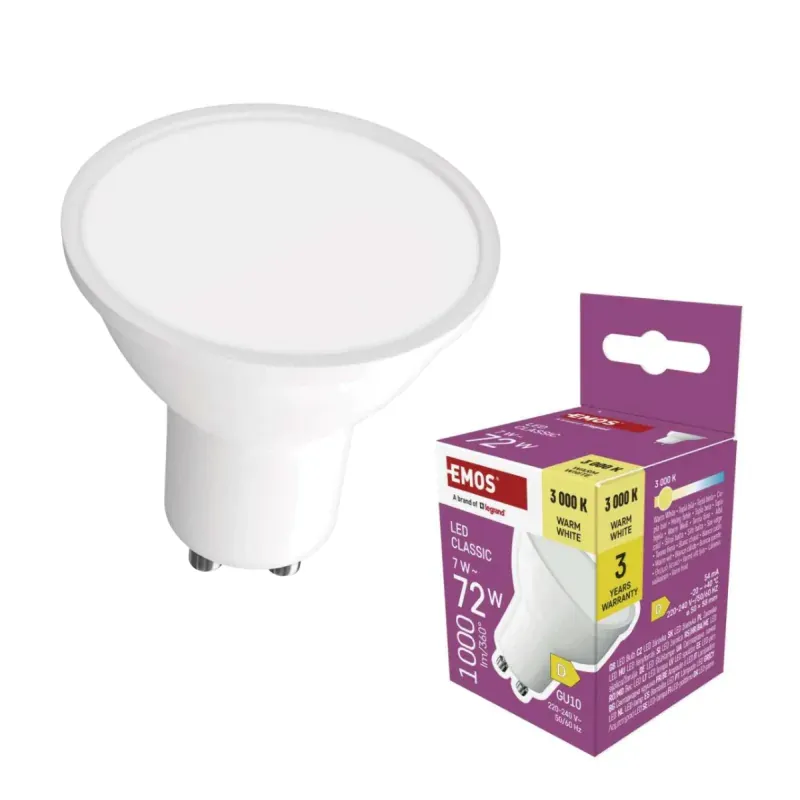 Mocna żarówka LED Gu10 z ciepłym światłem 1000lm 7W 3000K EMOS Ostatnia szansa