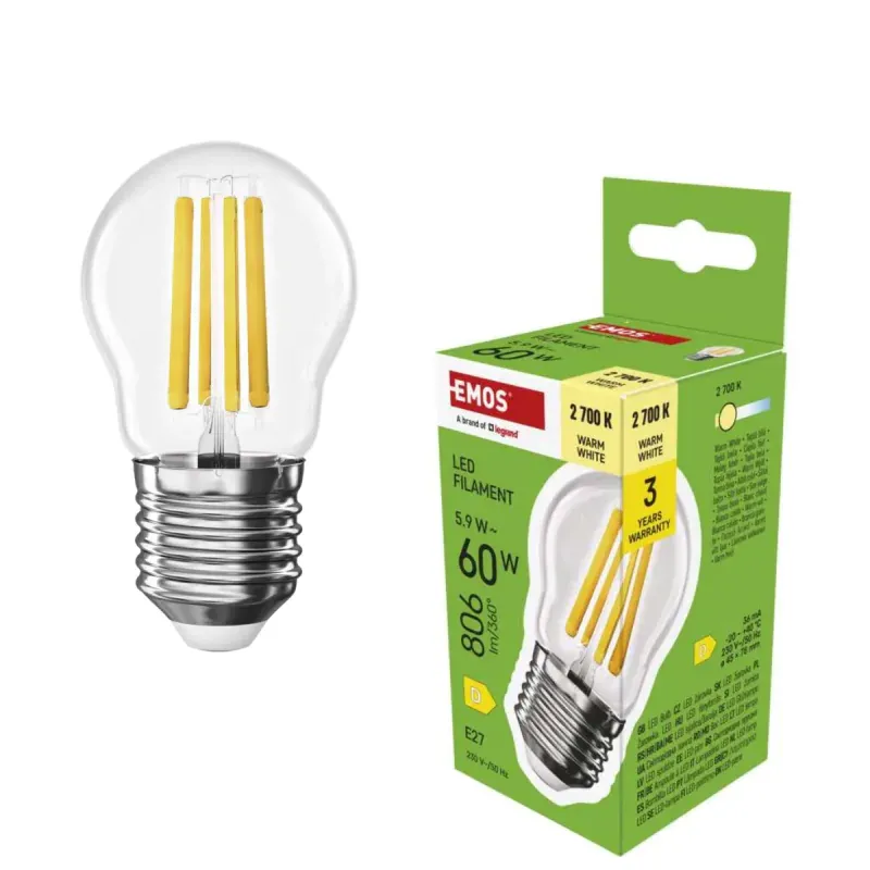 Żarówka kulka filament LED E27 ciepła 2700K 5,9W odpowiednik 60W 806lm EMOS Wysoka jakość