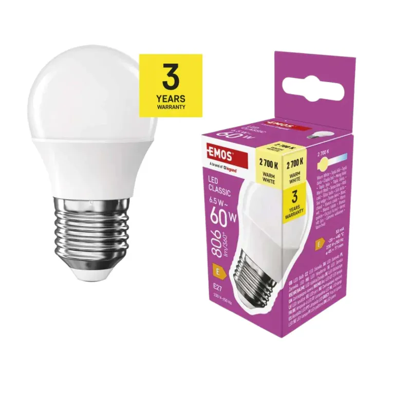 Nowy Żarówka kulka LED E27 ciepłe światło 2700K 6,5W odpowiednik 60W 806lm EMOS