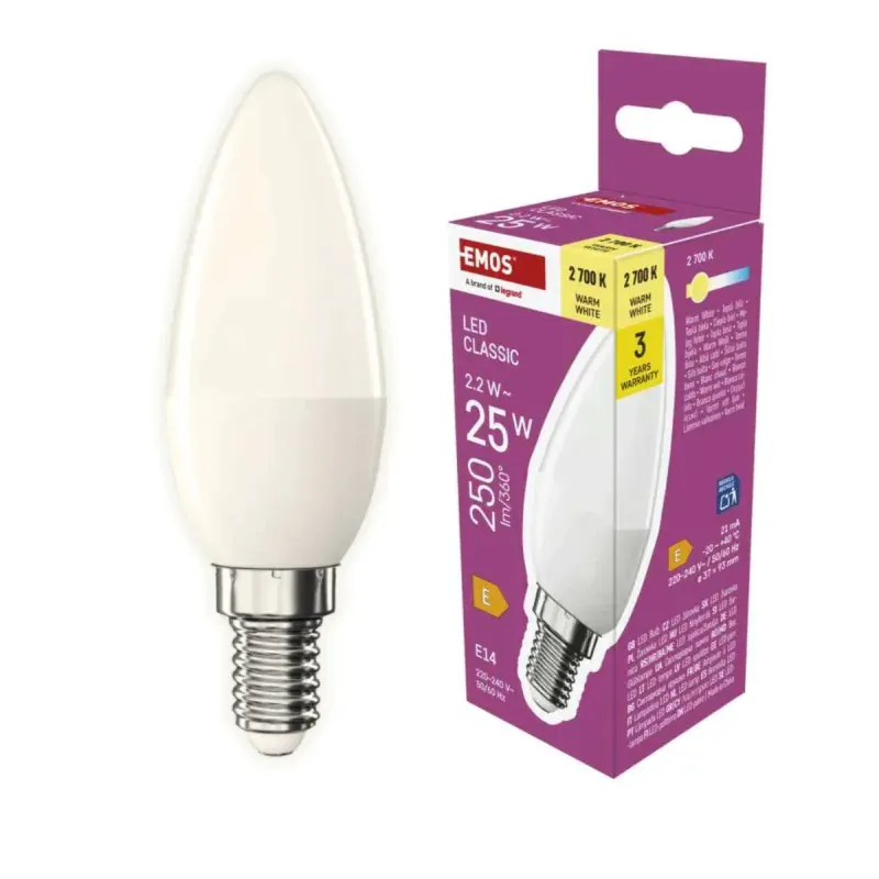 Bestseller Żarówka LED Świeczka E14 do lampki nocnej 2,2W ciepła EMOS