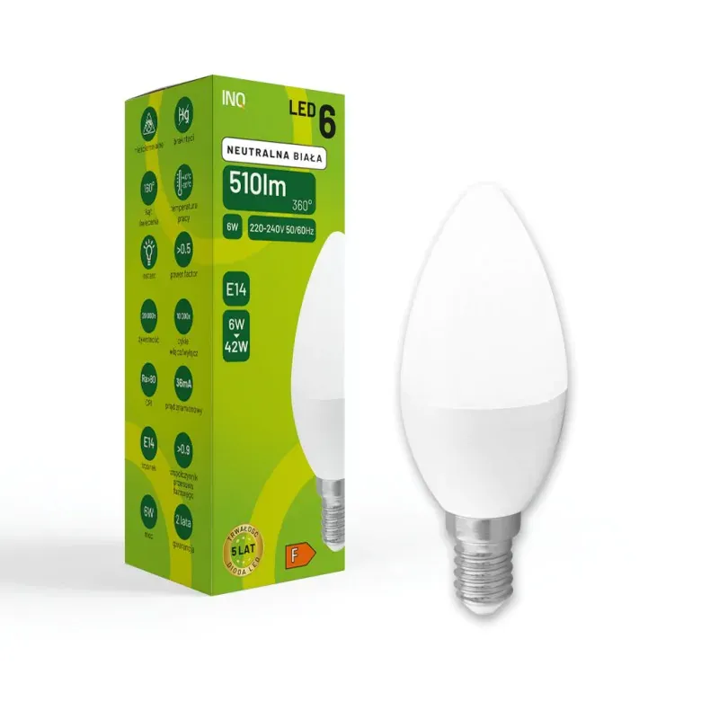 Promocja ELB035NW LEDowa żarówka z małym gwintem E14 6W świeczka 4000K 510lm INQ