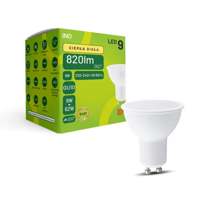Wyprzedaż Ciepła mocna żarówka LED GU10 9W 820lm 3000K MR16 MR036-2WW INQ