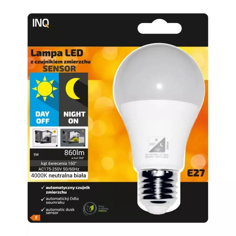 Żarówka LED E27 A60 9W z czujnikiem zmierzchu neutralna 860lm ELAS010NW INQ Wyjątkowa oferta