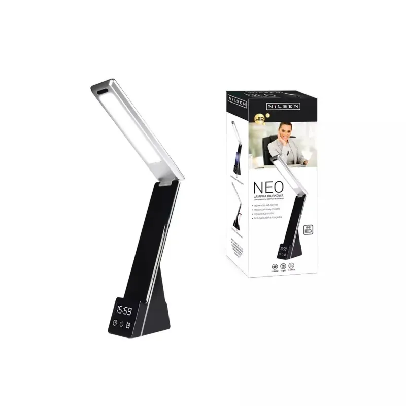 Super okazja Lampka biurkowa led z ładowarką indukcyjną zegarem i budzikiem USB NEO BLACK NILSEN MA021E