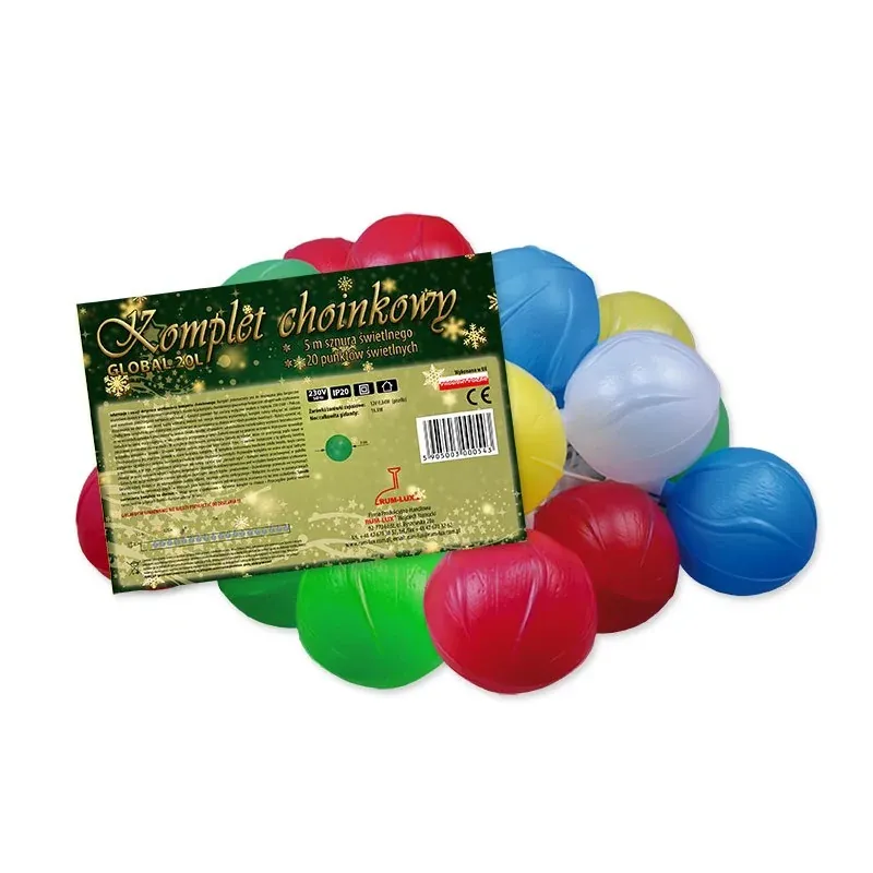 Polskie lampki choinkowe plastikowe kule GLOBAL 20 sztuk IP20 z gniazdem PW/0066 RUM-LUX Wyprzedaż