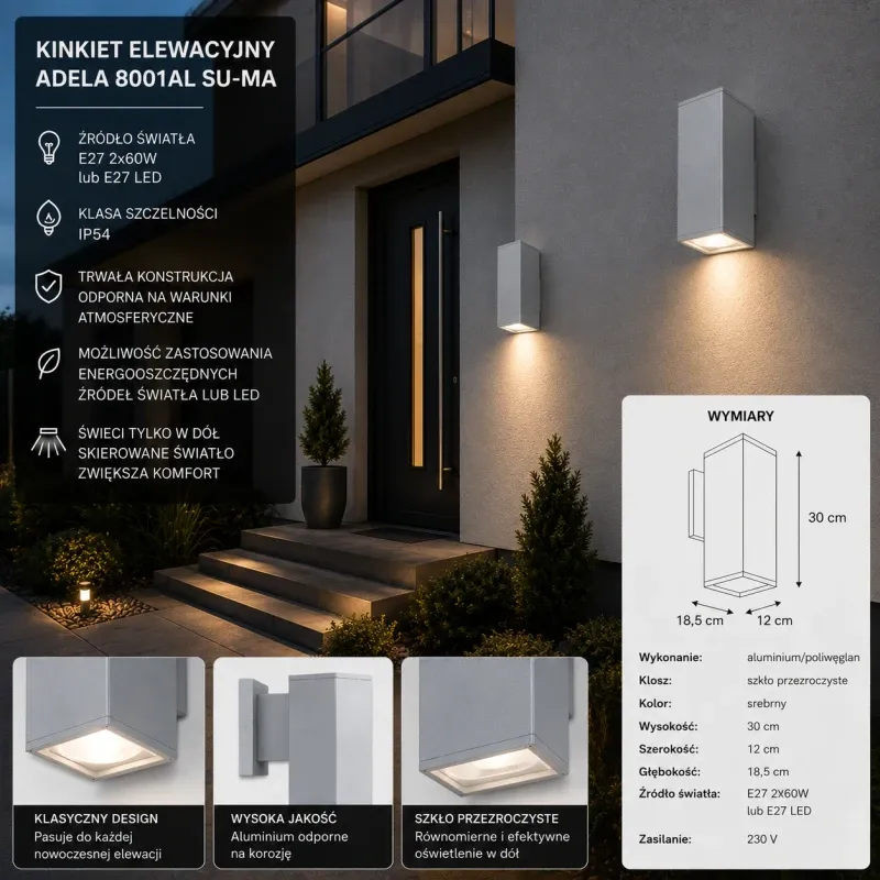 Darmowy zwrot Lampa Elewacyjna - Kwadratowa, Aluminium, 30Cm- 2Xe27 Adela 8001Al Su-Ma