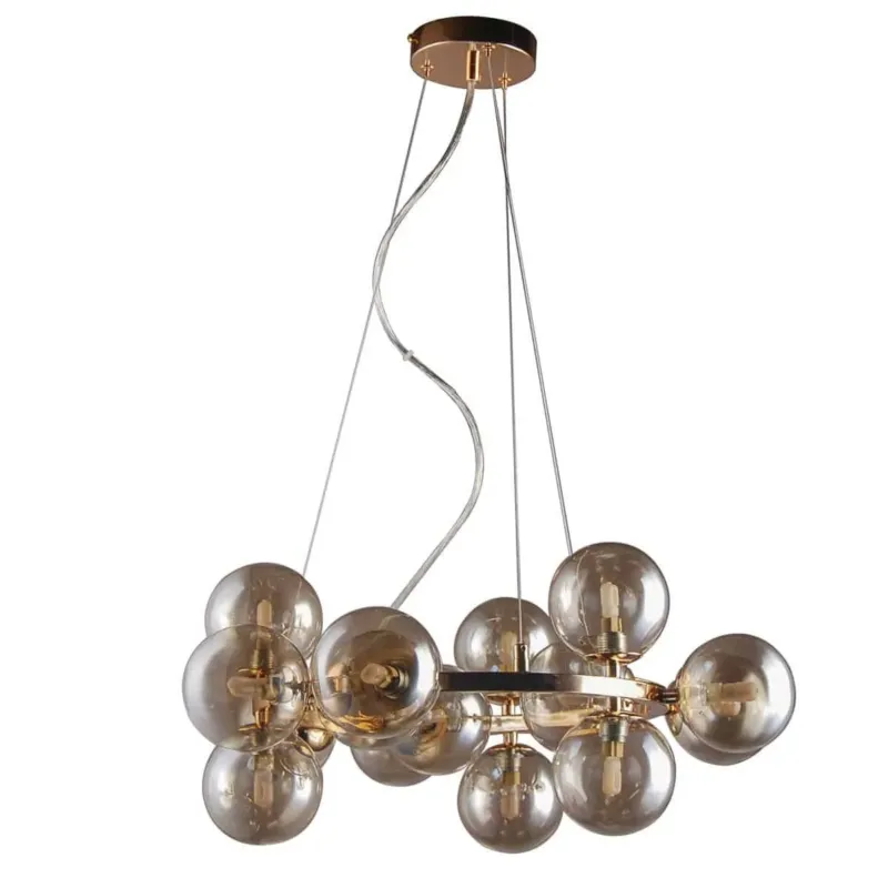Lampa wisząca złota 15-punktowa ze szklanymi dymionymi kulami PND-6161-15 GO+CO z serii Marbelio - Lampy Italux Taniej