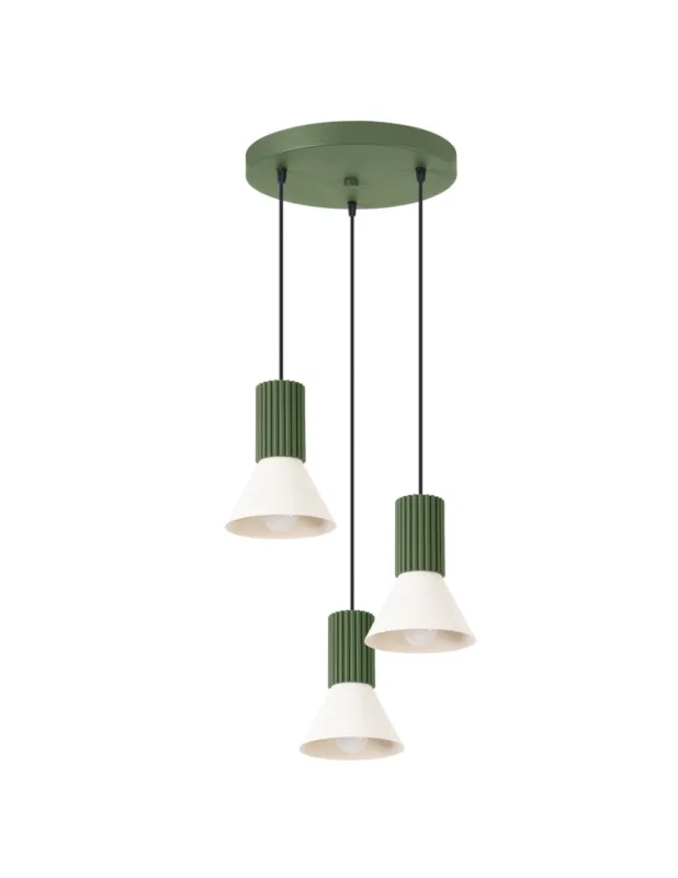 Lampa wisząca 3 metalowe stożeki z ryflowaniem Estria 30cm beżowa / zielona oliwka Sollux Nowy