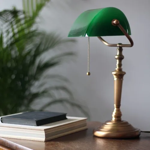 Lampa Nocna Biurkowa Bankierska Steinhauer 6185BR Ancilla E27 26cm x 39cm mosiądz zielony Nowość